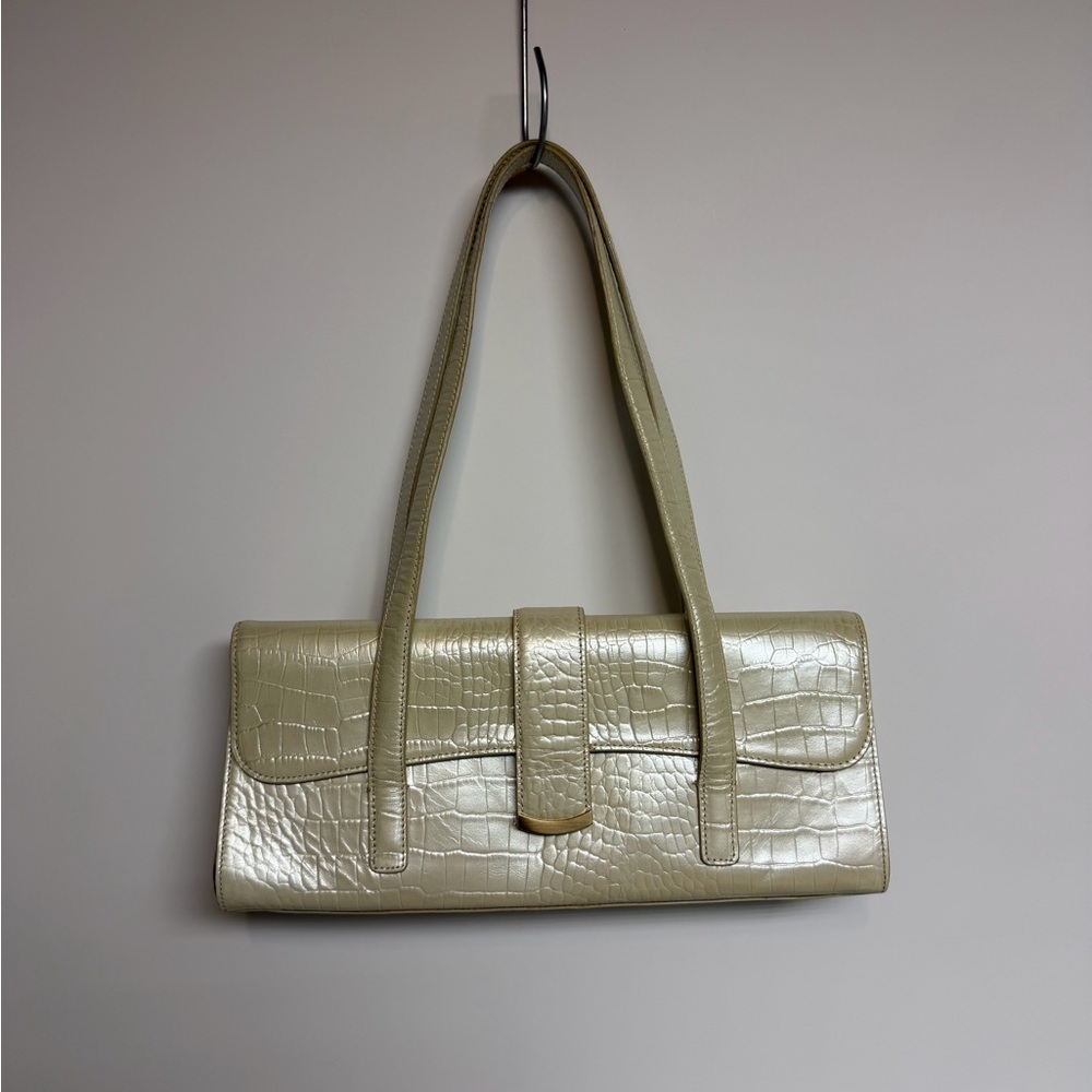 Vintage Alfani Cream Crocodile-Embossed Genuine Cowhide Leather Shoulder Bag